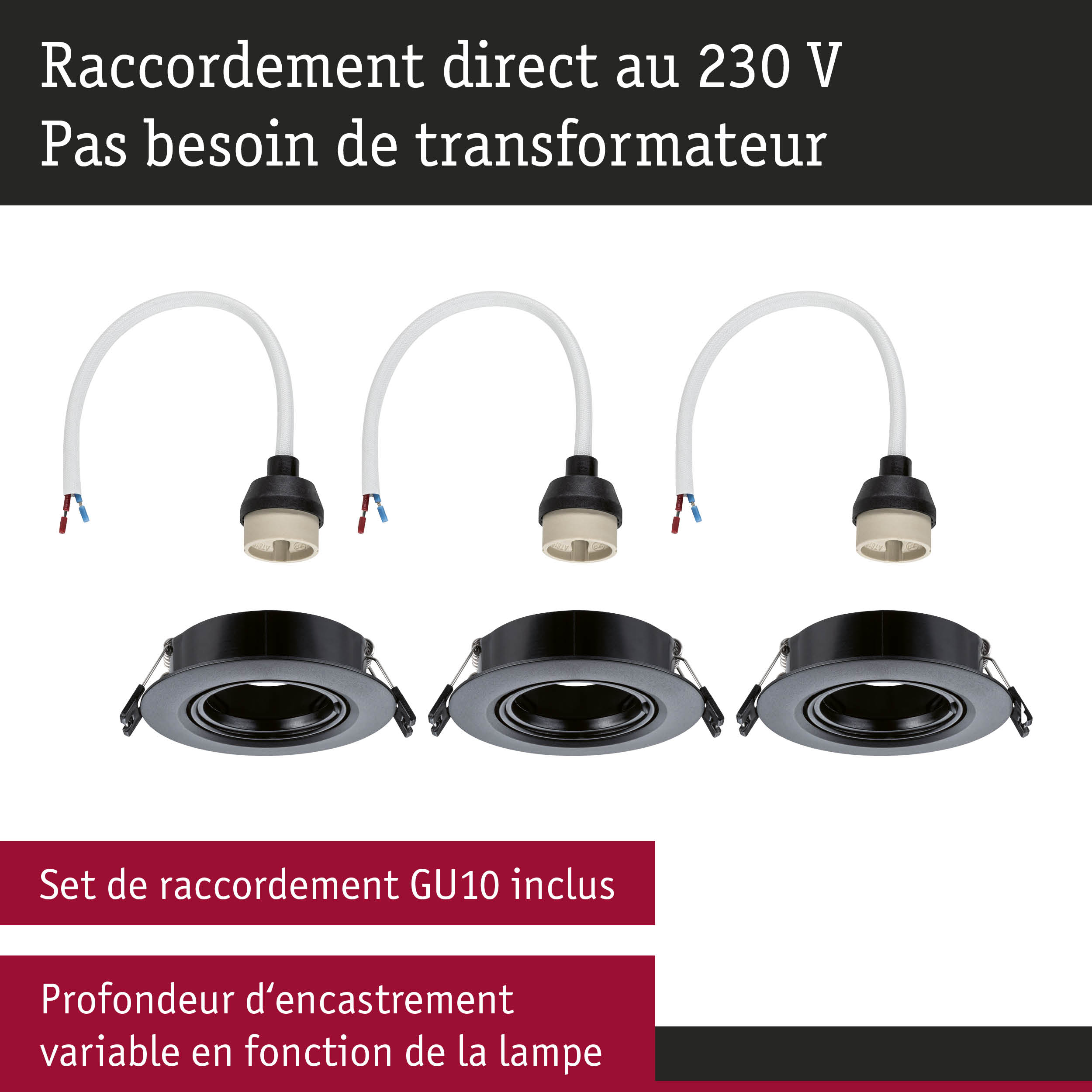 Trois spots encastrés noirs avec douilles GU10 et câbles blancs pour raccordement direct 230V