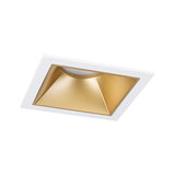 Quadratischer Einbaustrahler mit weißem Rahmen und goldfarbenem Reflektor für moderne LED-Beleuchtung