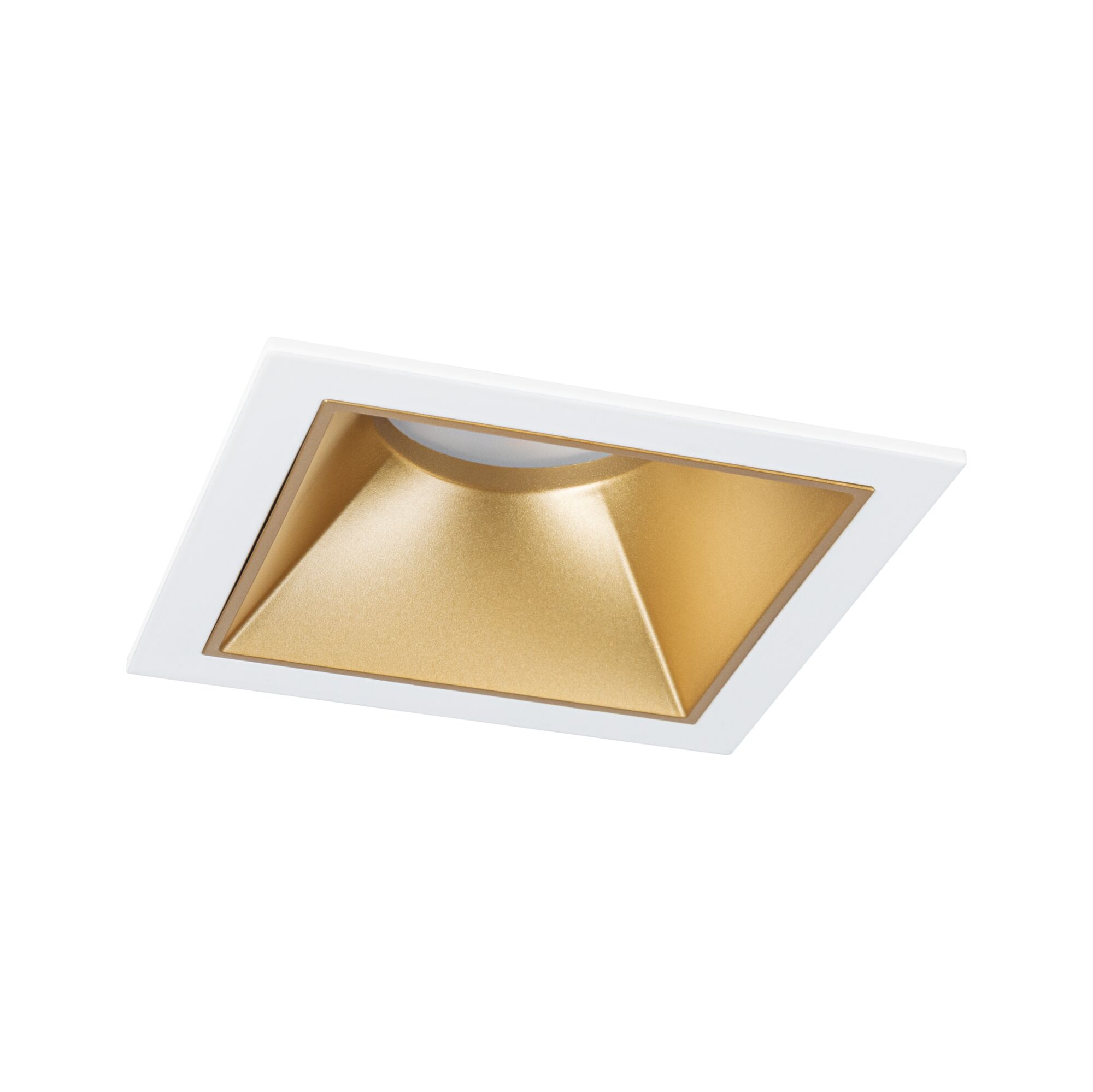 Quadratischer Einbaustrahler mit weißem Rahmen und goldfarbenem Reflektor für moderne LED-Beleuchtung
