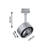 Silver metal LED spotlight with 98 mm diameter and 165 mm height for modern indoor lighting