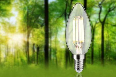Klar LED-lys i stearinlysform med E14-fatning foran grøn skovbaggrund til energibesparende belysning