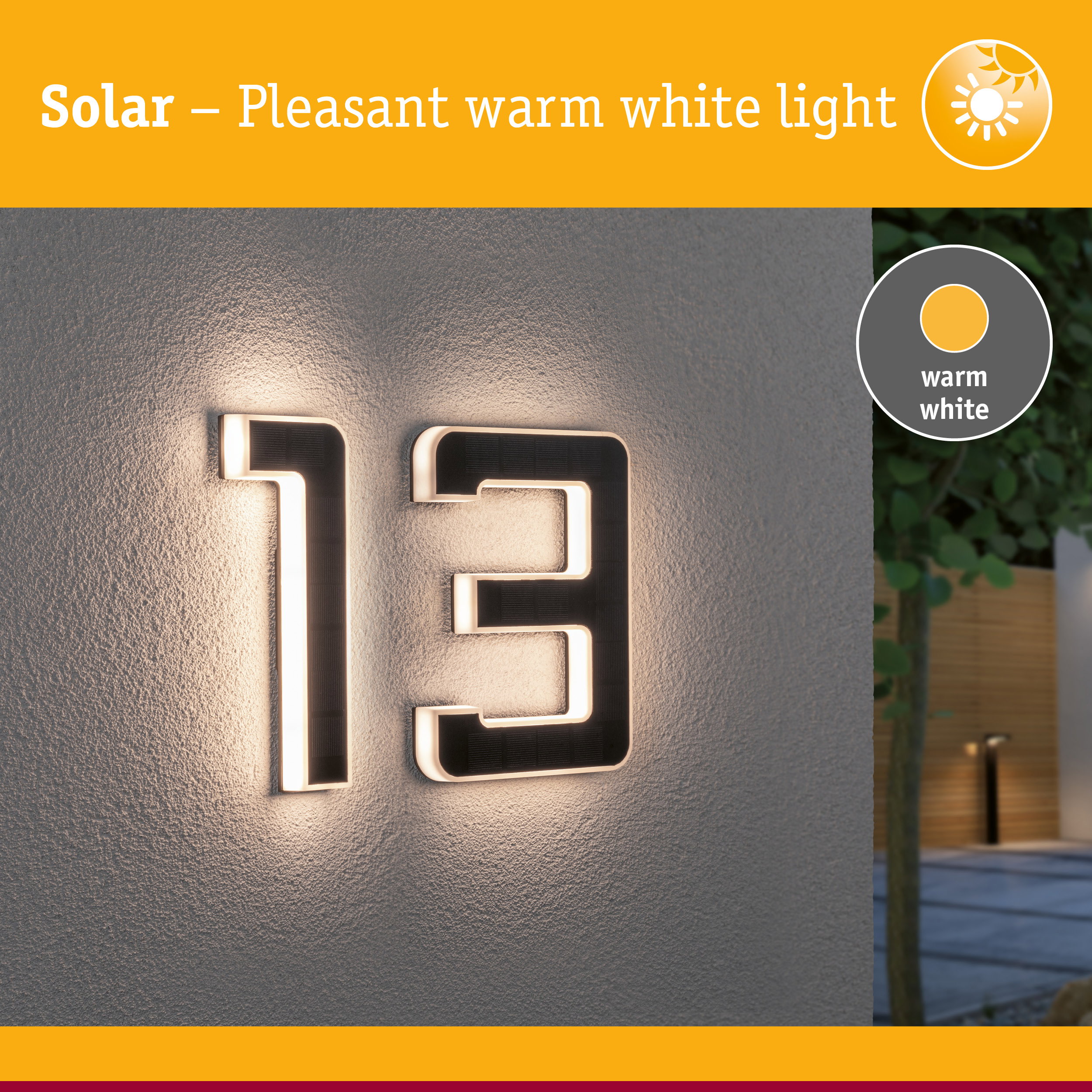 Solar illuminated house number 13 with warm white light on grey exterior wall for outdoor use