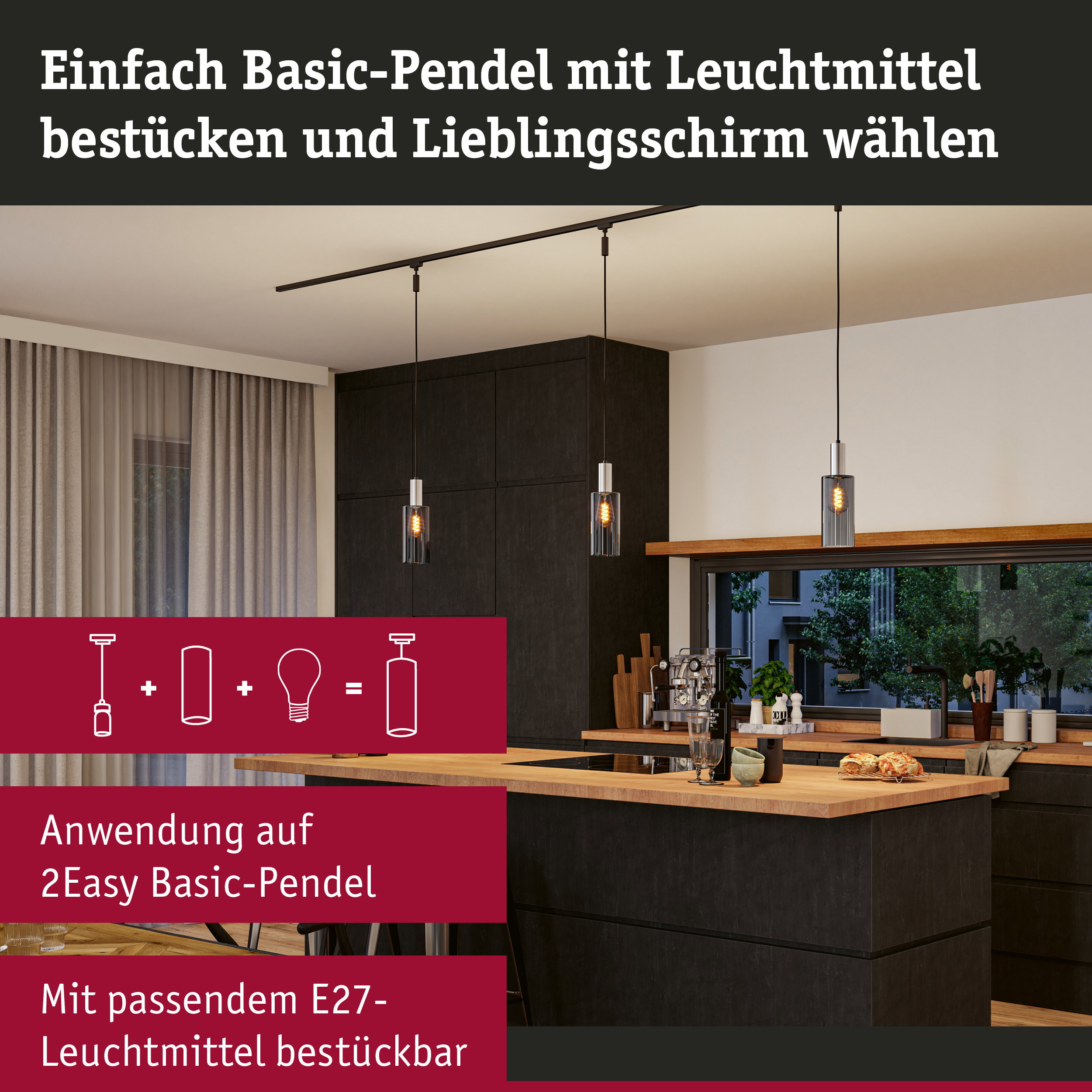 Moderne Basic-Pendelleuchte mit schwarzem Kabel und Glas-Schirm in Küche mit Holzarbeitsplatte