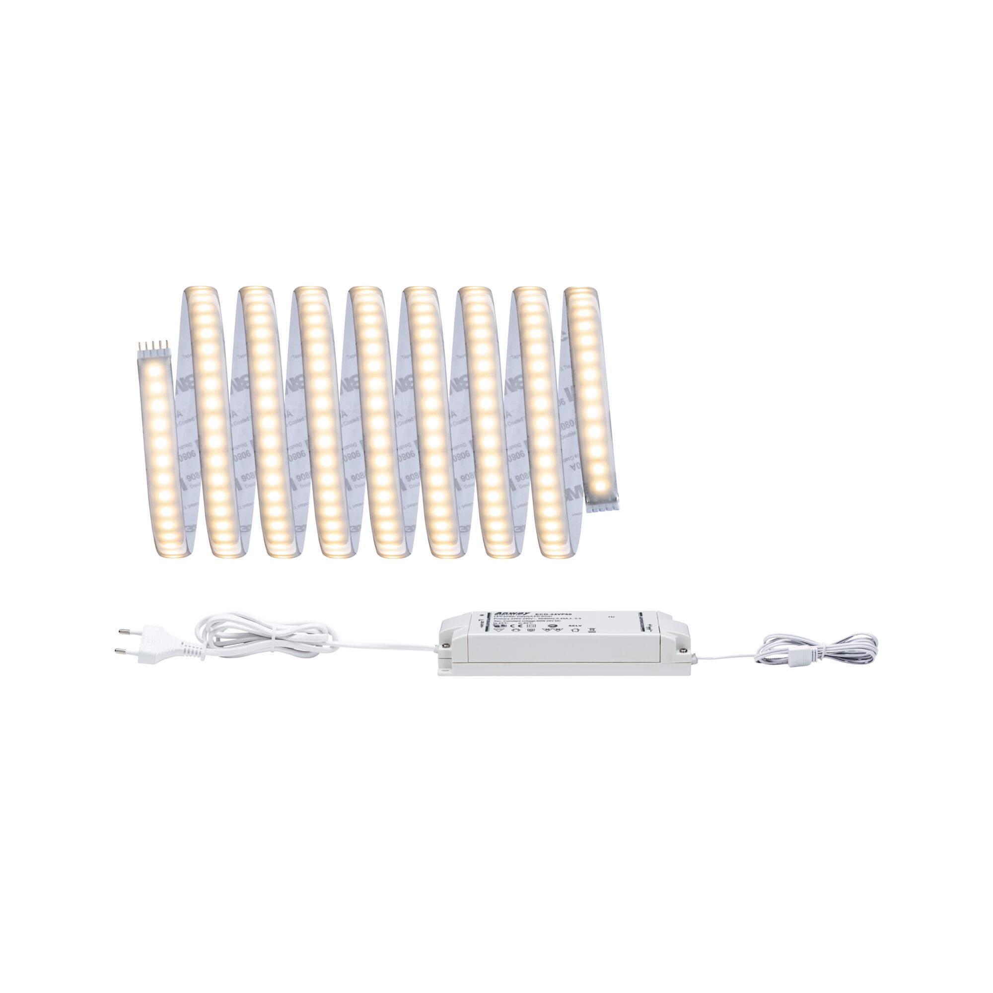 MaxLED 1000 LED Strip Basic set 3m Warm white coated 35W 1100lm/m 2700K 60VA Flexible white LED strip with power supply for energy-efficient room lighting.