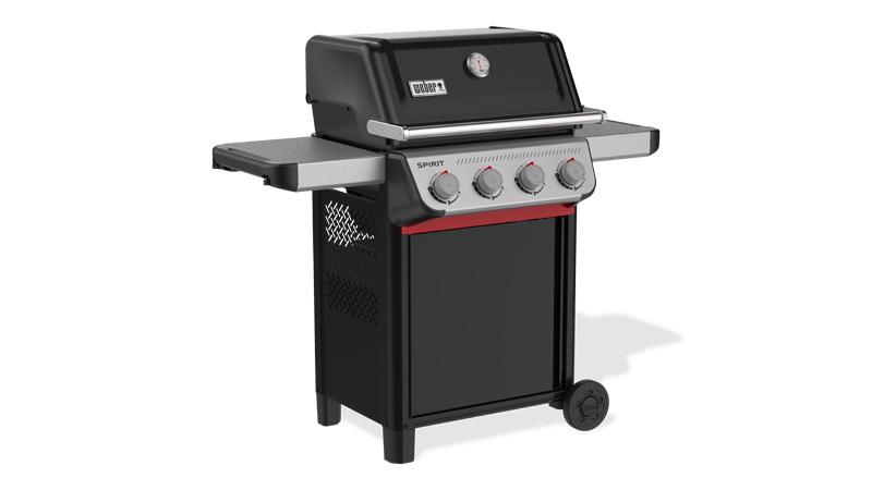 Gril à gaz noir moderne avec quatre boutons en acier inoxydable et deux tables latérales pour cuisine extérieure.