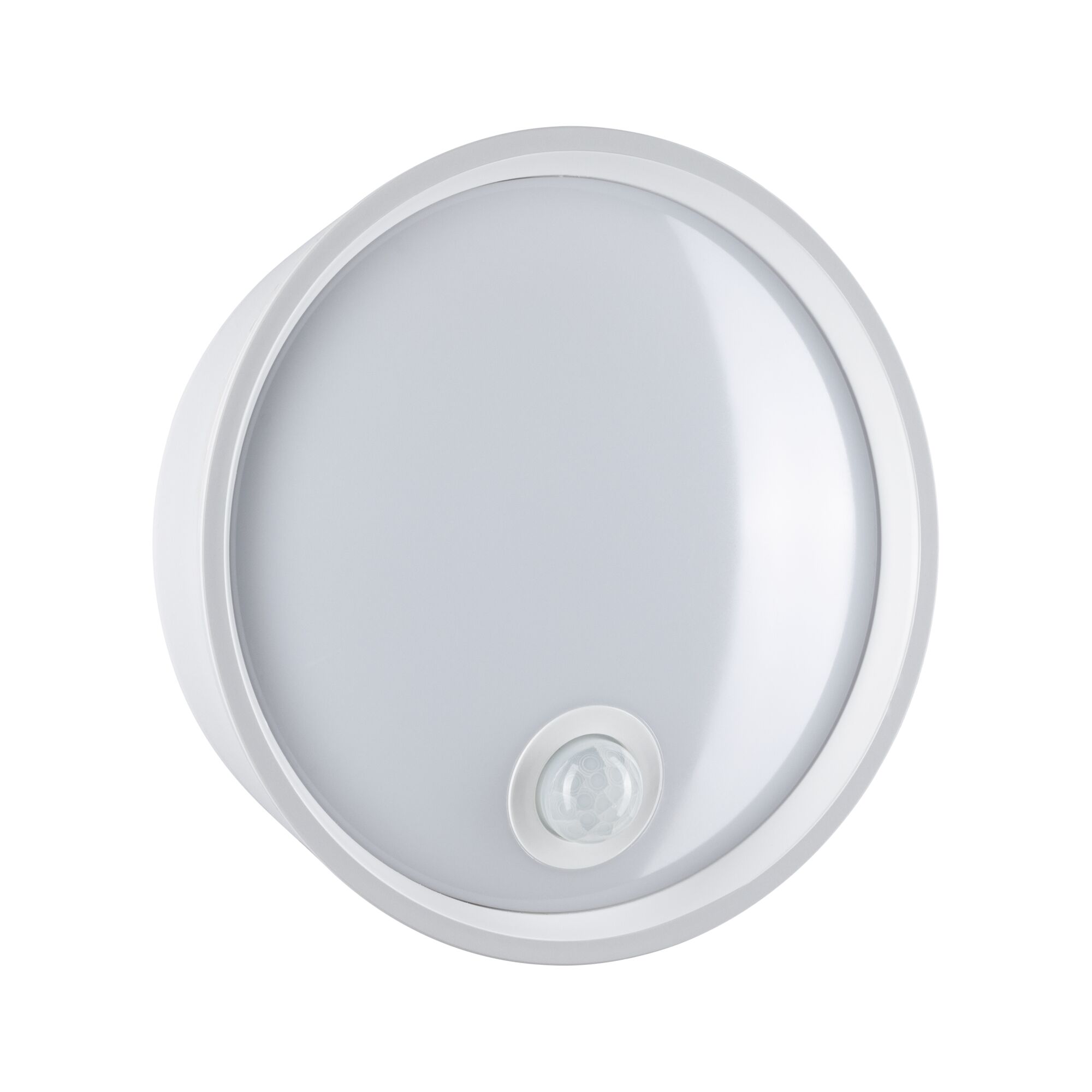 Round white LED ceiling light with motion sensor made of plastic for indoor use
