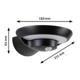 Sort LED-væglampe med bevægelsessensor og hvid diffusor, mål 180x64x211 mm, moderne udendørsbelysning