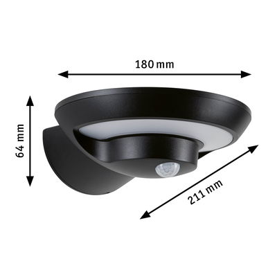 Black LED wall light with motion sensor and white diffuser, dimensions 180x64x211 mm, modern outdoor lighting