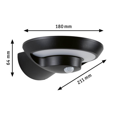 Applique murale LED noire avec détecteur de mouvement et diffuseur blanc, dimensions 180x64x211 mm, éclairage extérieur moderne