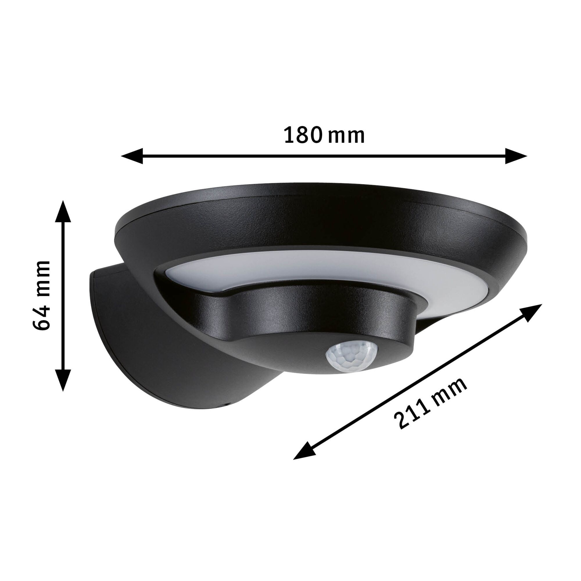 Black LED wall light with motion sensor and white diffuser, dimensions 180x64x211 mm, modern outdoor lighting