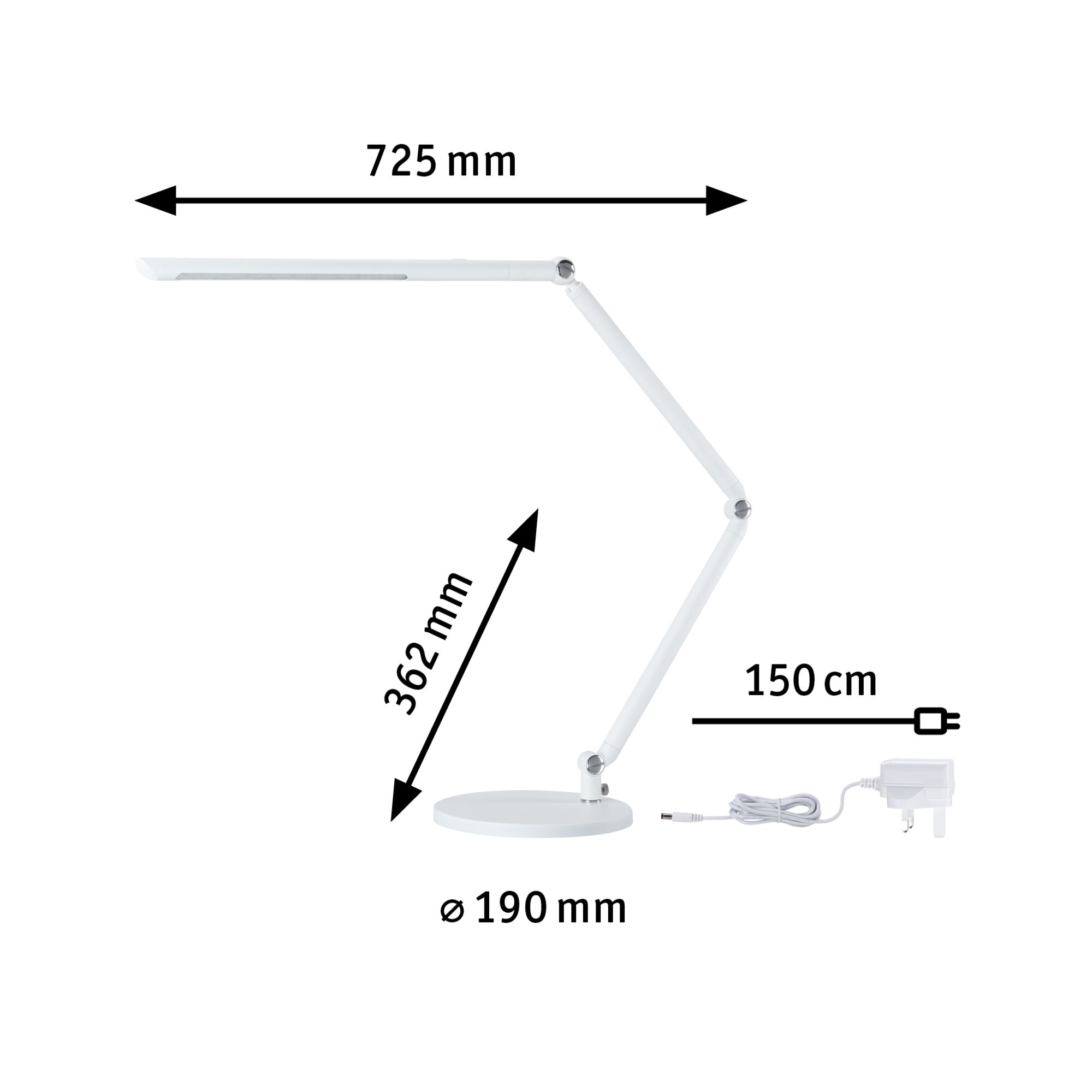White LED desk lamp with adjustable arm and 150 cm cable for office lighting