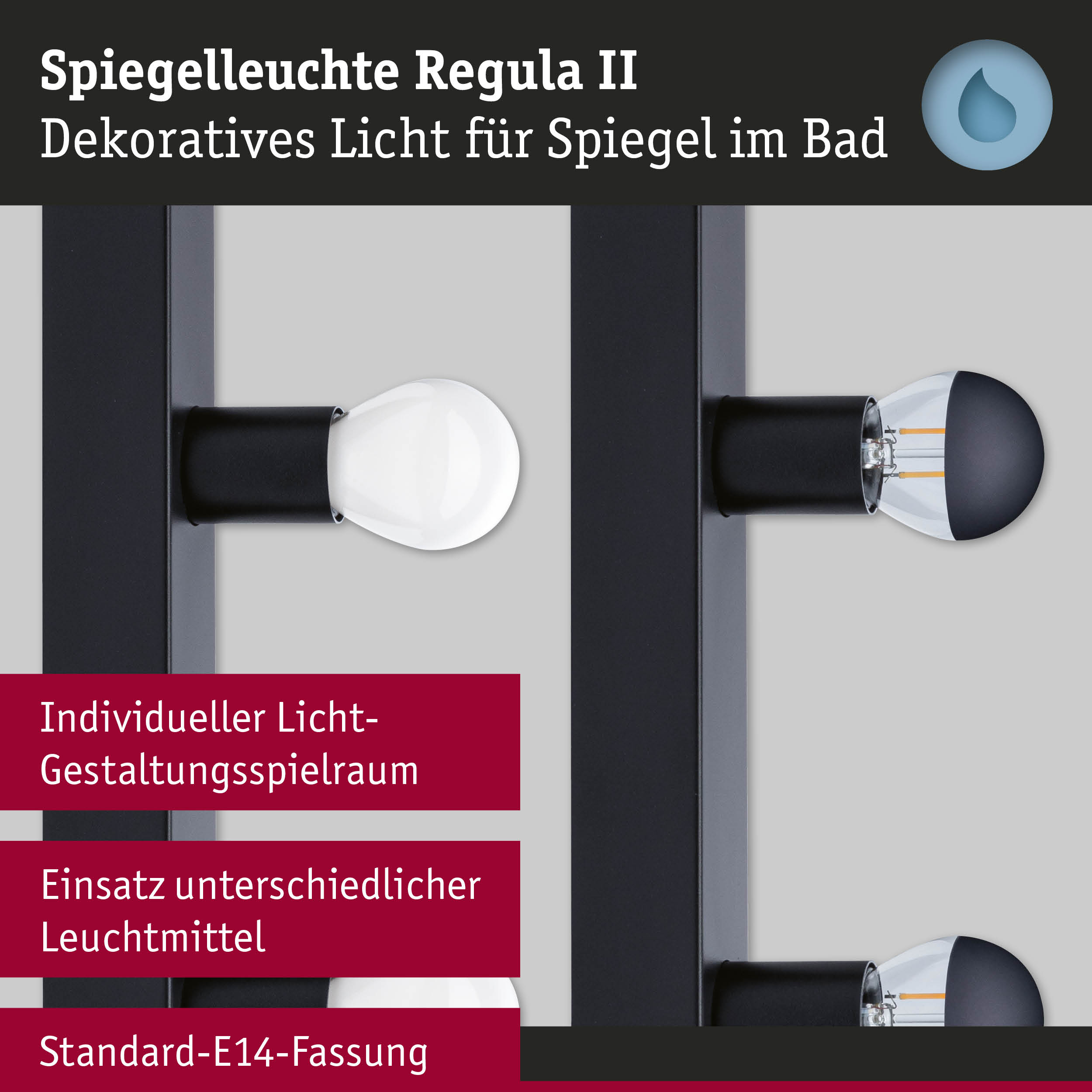 Schwarze Spiegelwandleuchte Regula II mit E14-Fassung für individuelles Badlicht und verschiedene Leuchtmittel