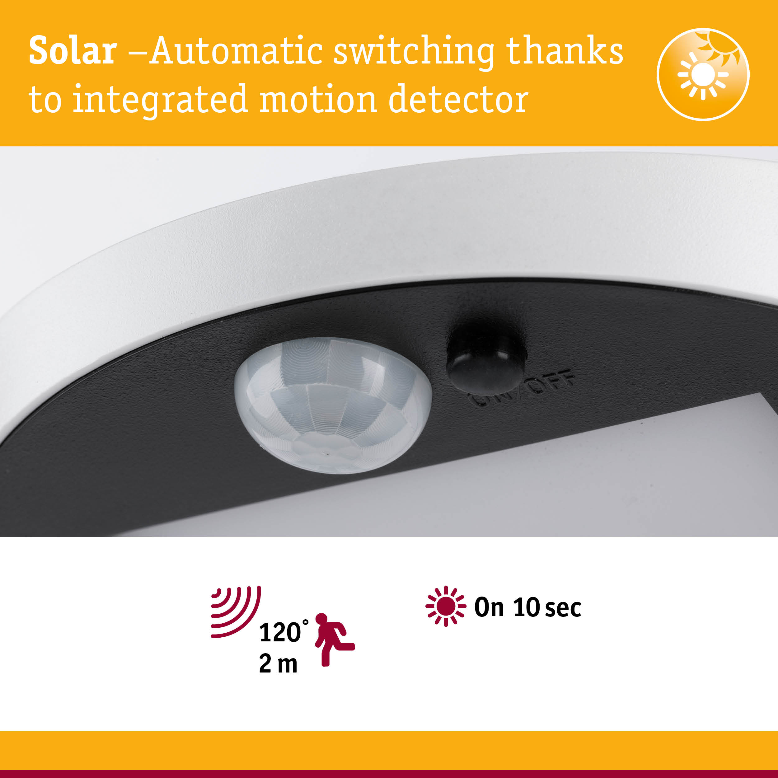 Close-up of white and black motion detector with integrated solar sensor and automatic switching