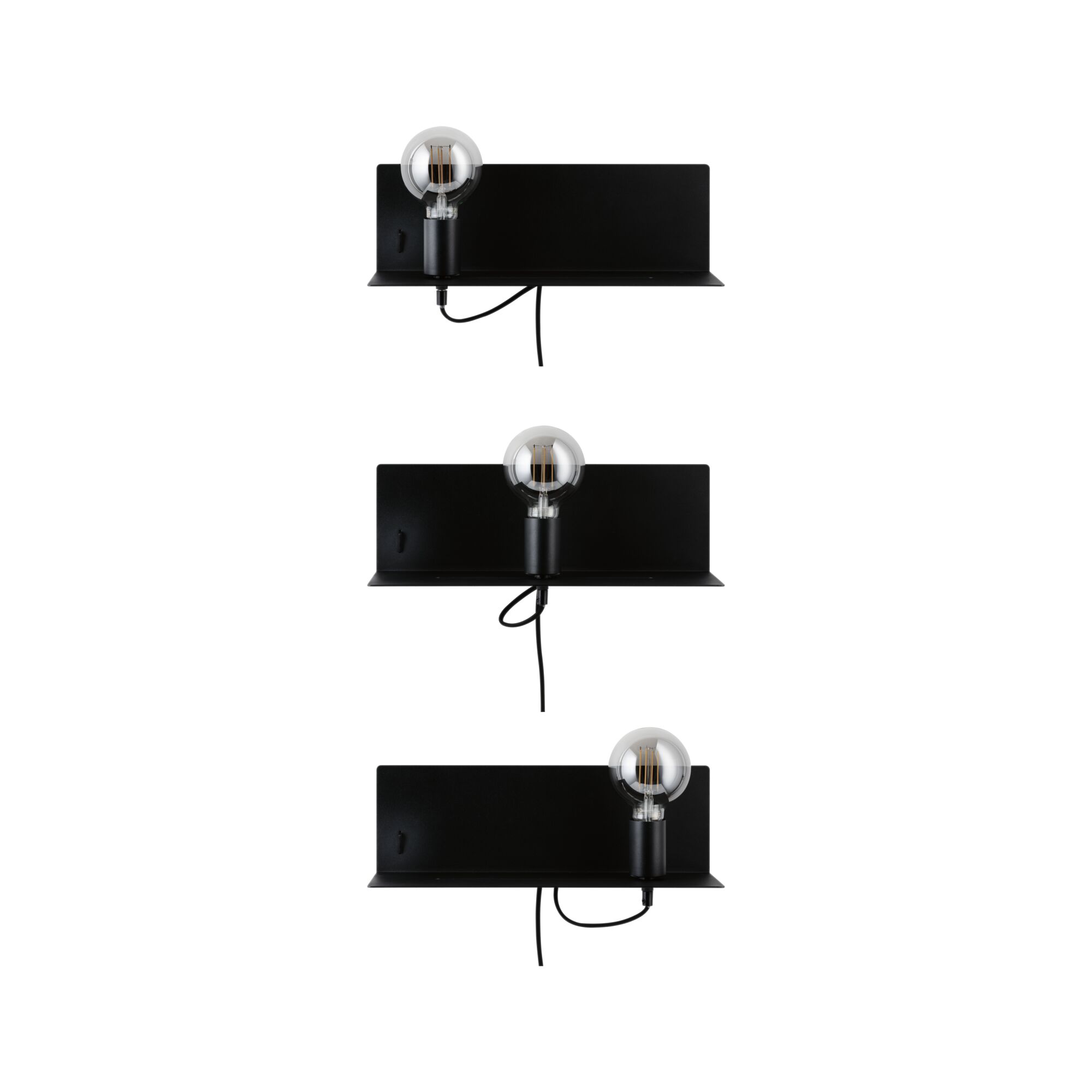 Three black metal wall lamps with clear bulbs for modern indoor lighting solutions.