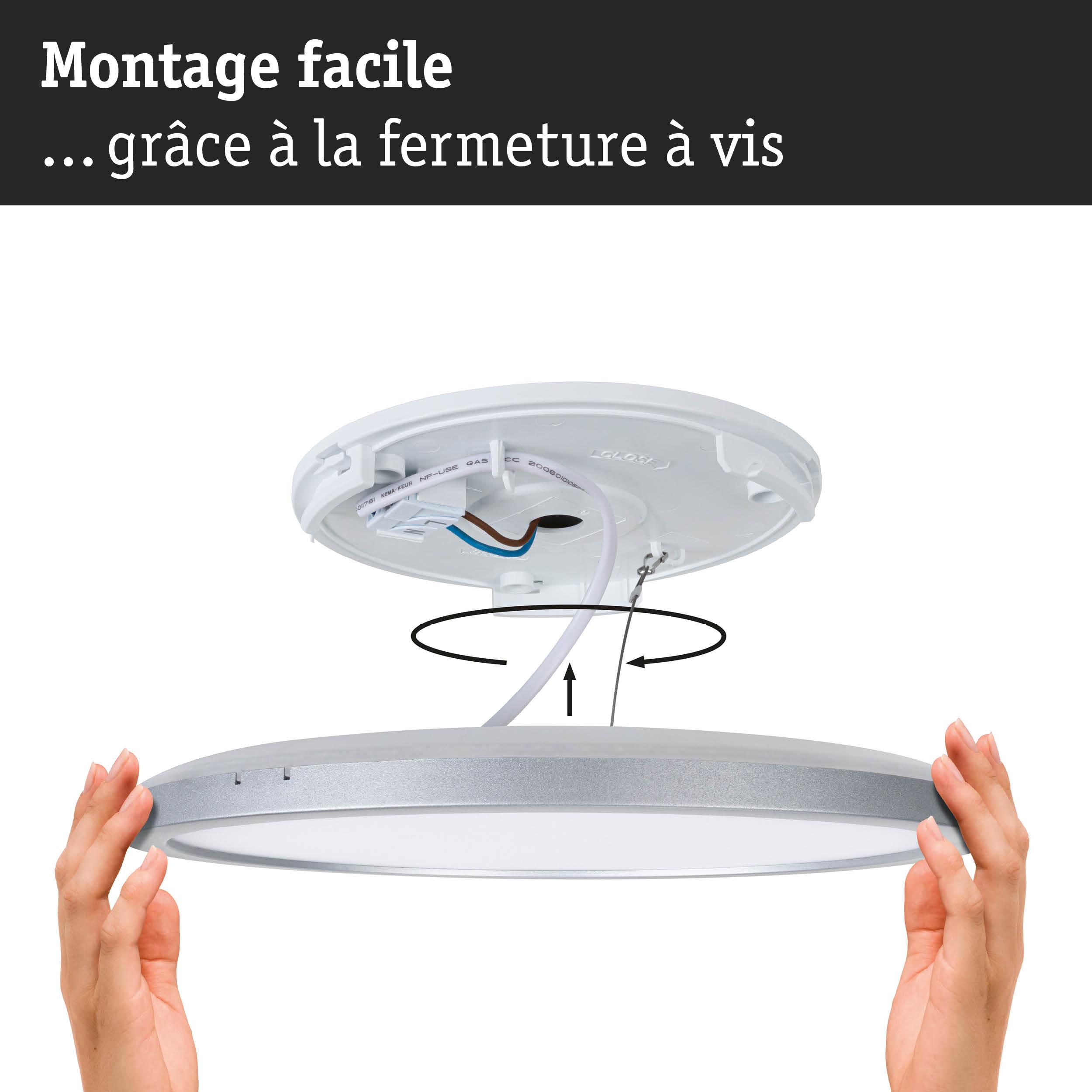 Installation facile d'un plafonnier LED rond blanc avec bord argenté et fixation à vis