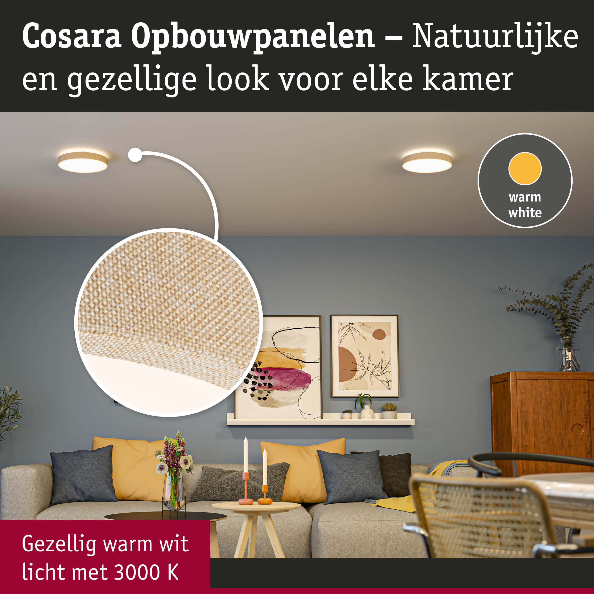 Cosara opbouwpanelen in natuurlijke beige kleur met warm wit licht voor gezellige kamers