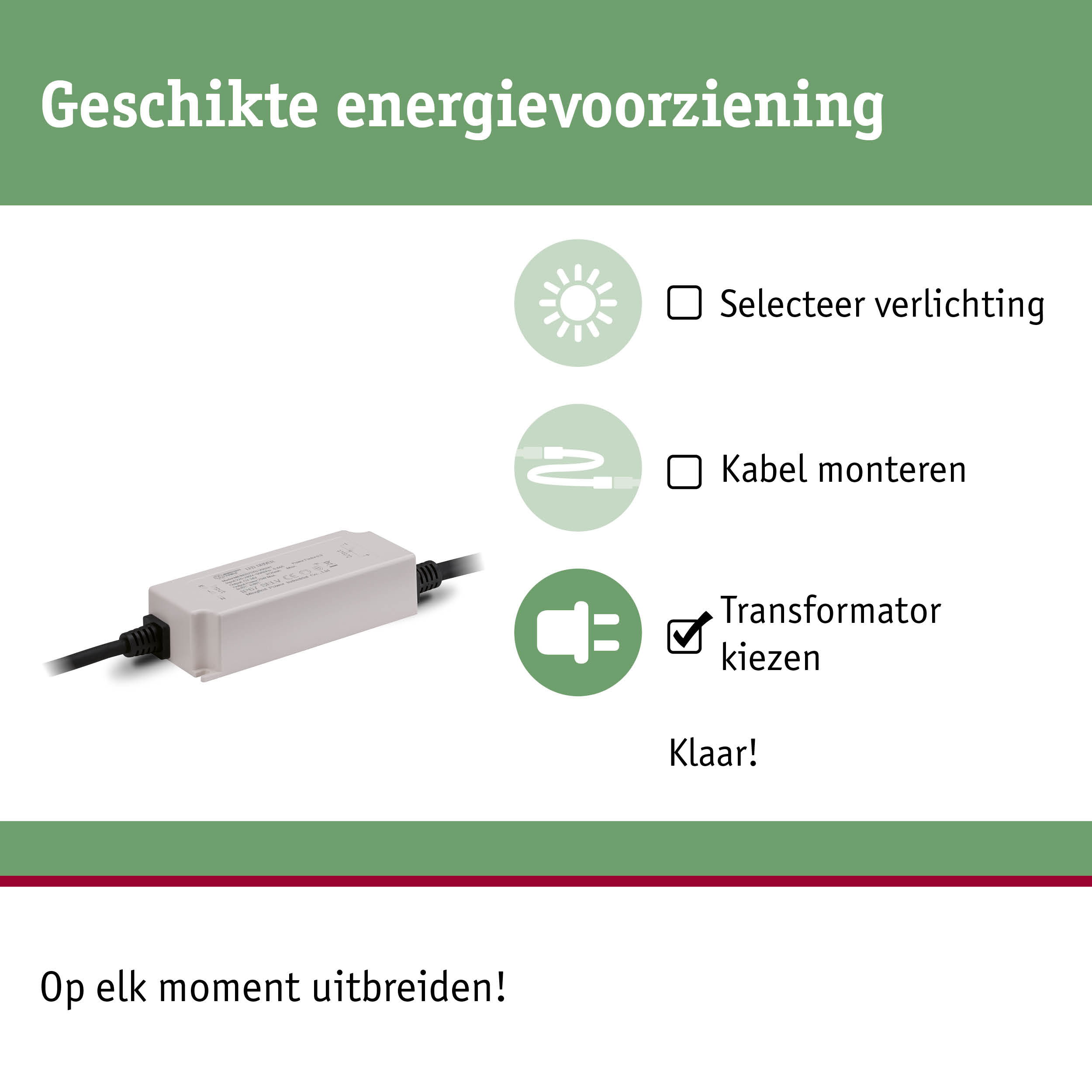 Witte transformator voor LED-verlichting met kabel en energiekeuzeopties voor lichtinstallatie