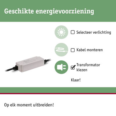 Witte transformator met kabelverbinding voor geschikte energievoorziening van verlichtingssystemen
