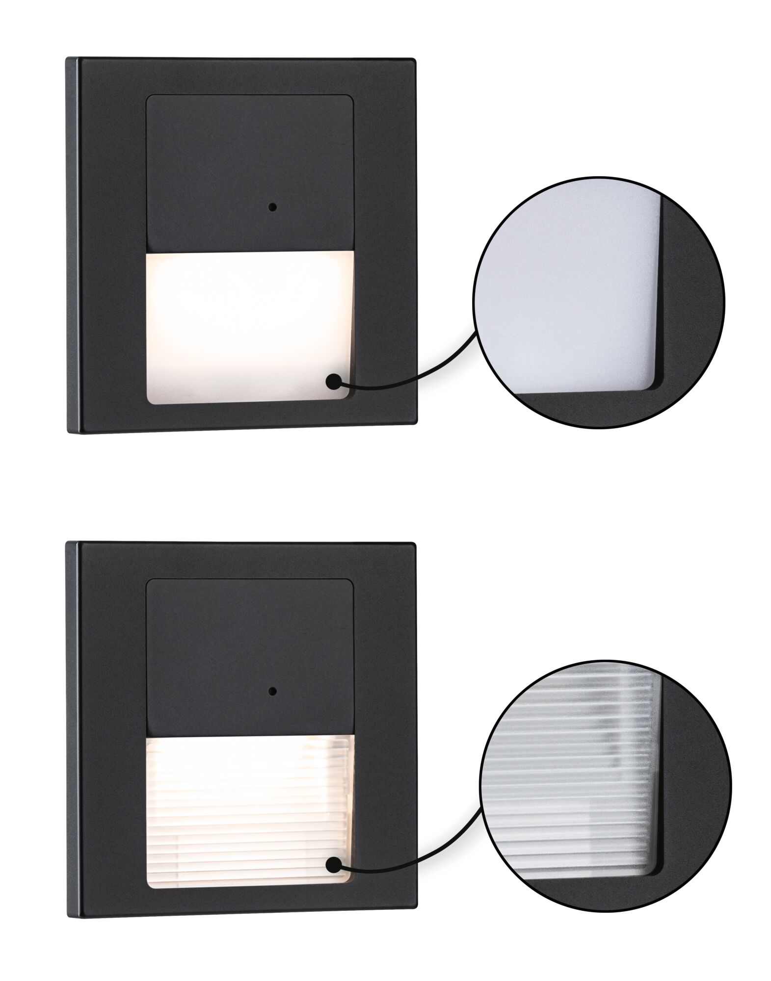 Schwarze LED-Wandleuchte mit zwei Lichtdiffusoren in weiß und geriffelt für moderne Innenbeleuchtung