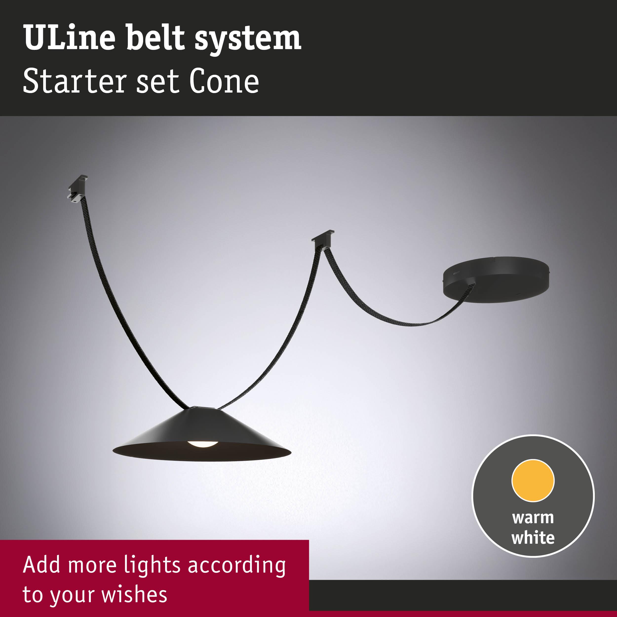 Black ULine Belt System Starter Set Cone with warm white light and adjustable cable for customizable lighting