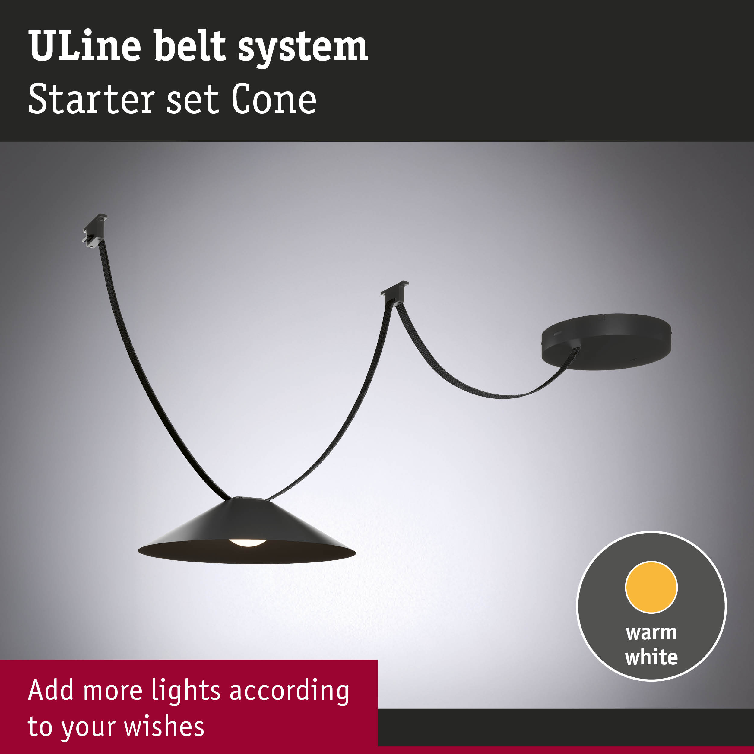 Black ULine Belt System Starter set Cone with warm white light and flexible cables for lighting solutions
