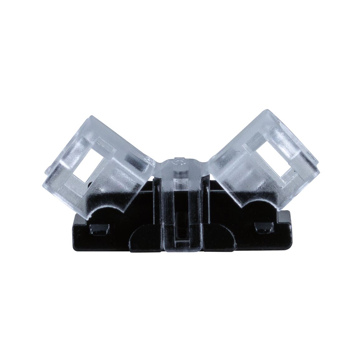 Black and transparent plastic adapter for LED light strips enabling flexible connections