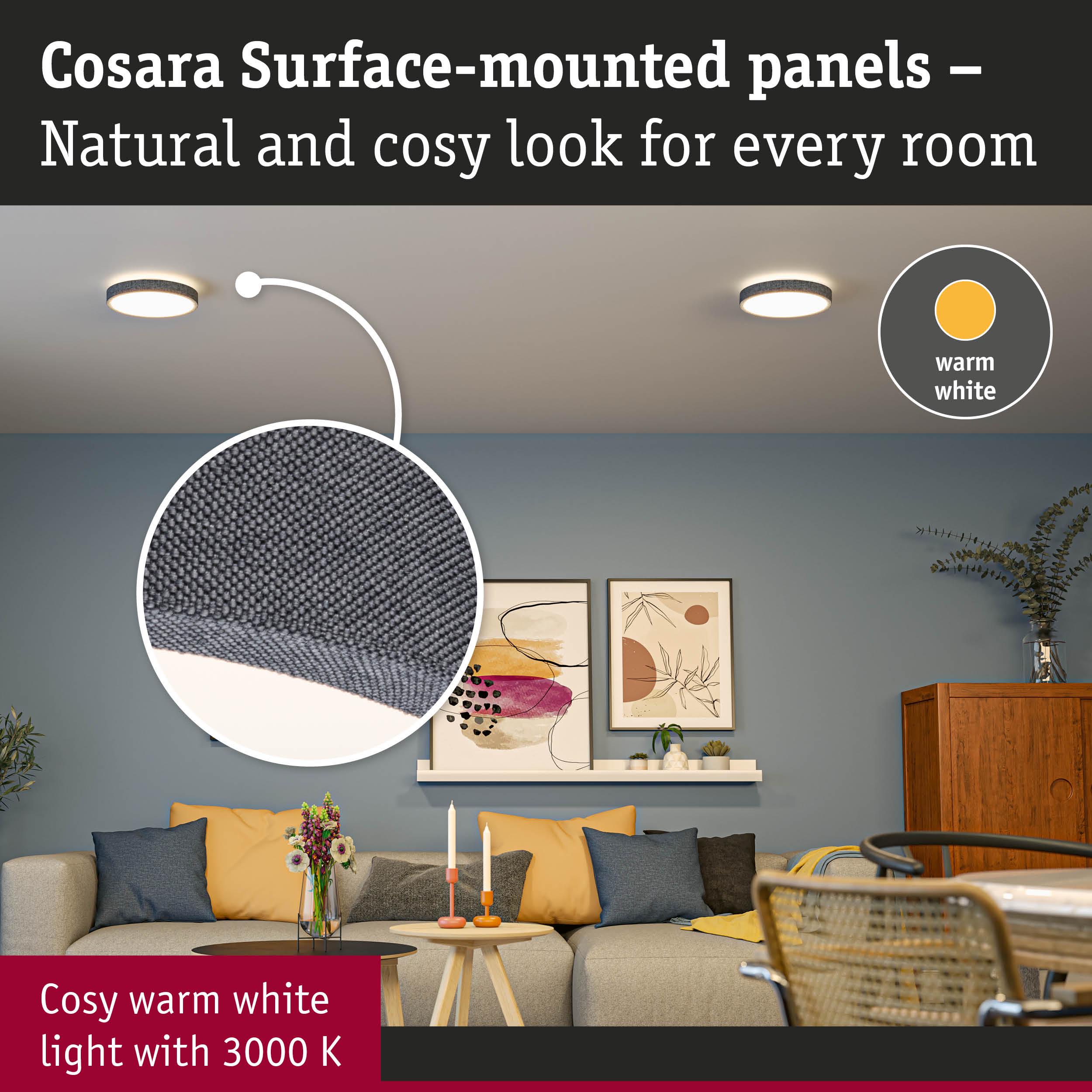 Cosara surface-mounted panels with grey fabric and warm white light for cozy room lighting