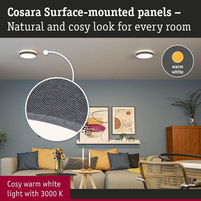 Cosara surface-mounted panels with grey fabric and warm white light for cozy room lighting