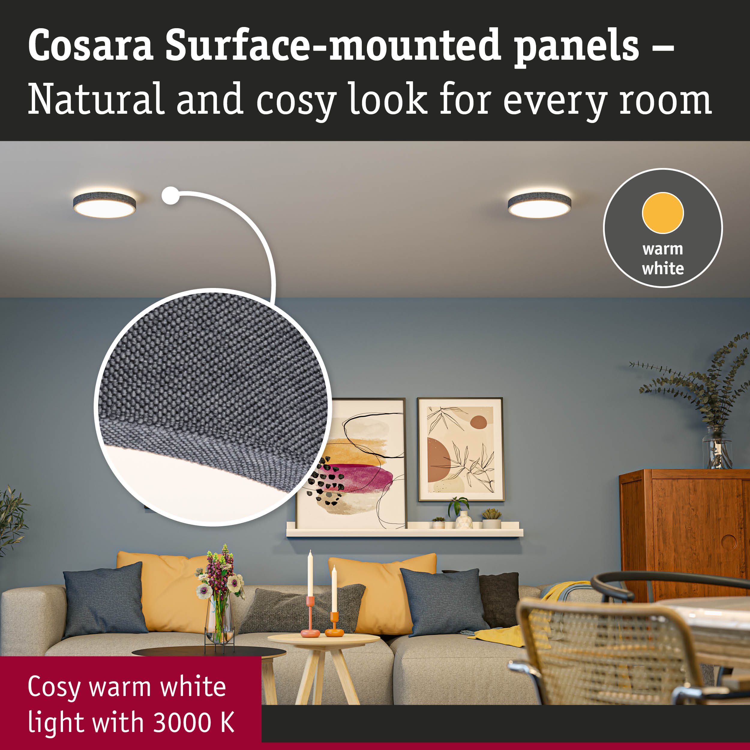 Cosara surface-mounted panel with grey fabric and warm white light for cosy living rooms