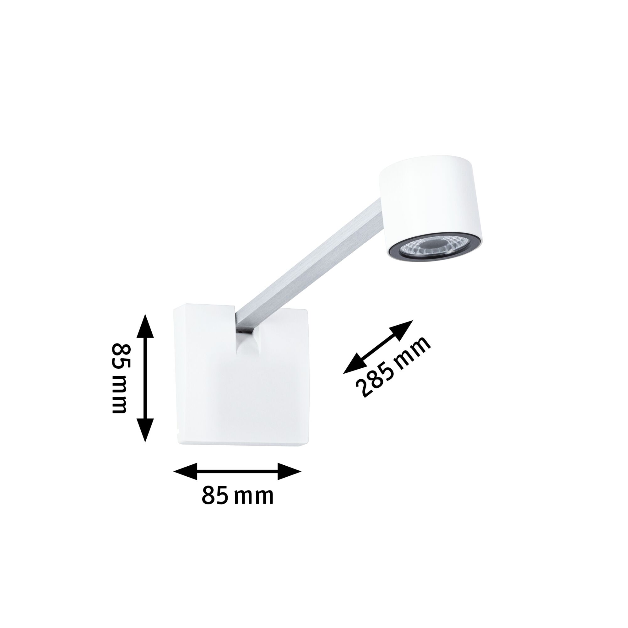 Weißer LED-Wandstrahler mit Aluminiumarm, 85x85 mm Basis und 285 mm Ausladung, moderne Innenbeleuchtung