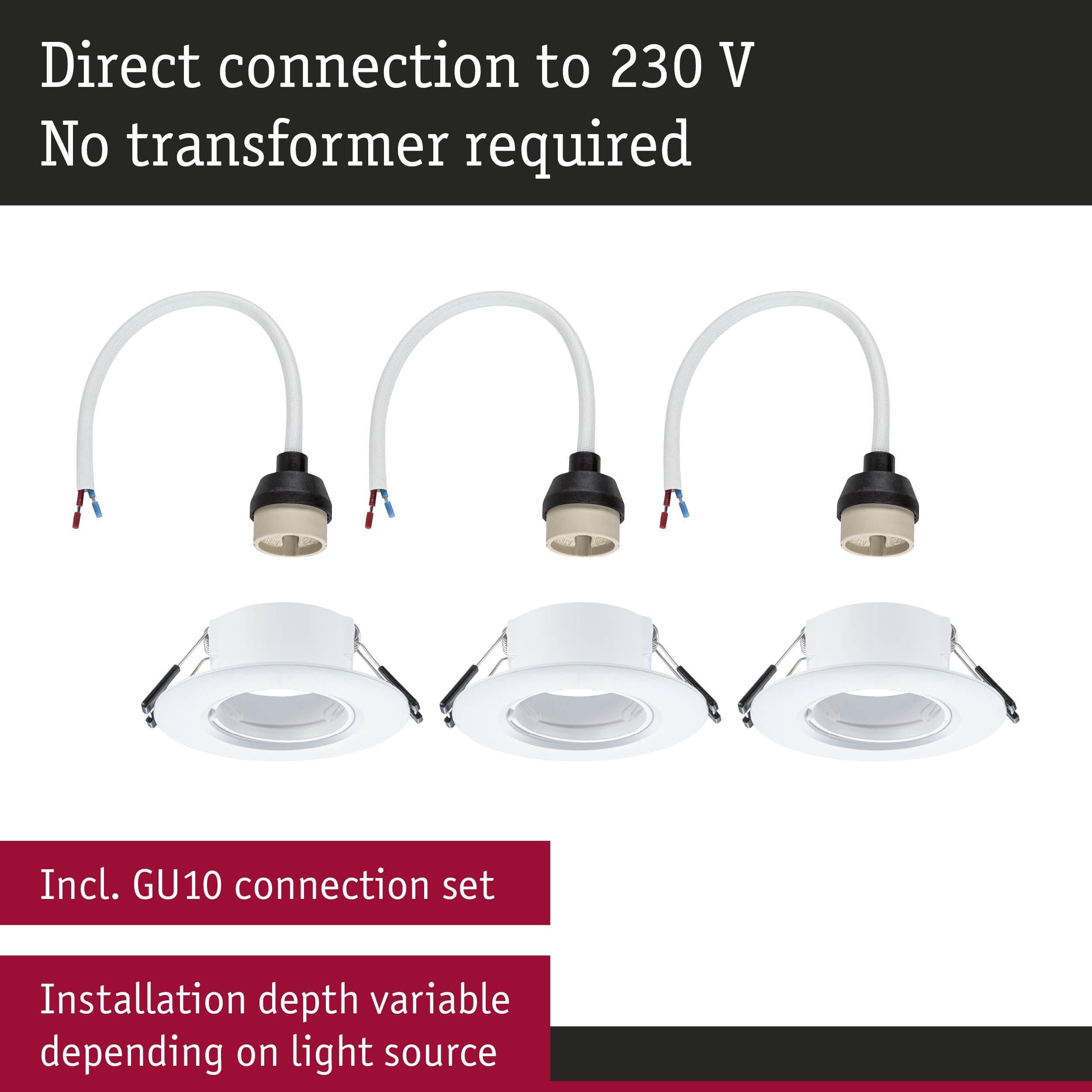 Three white recessed spotlights with GU10 connection cables for 230 V direct connection, variable installation depth