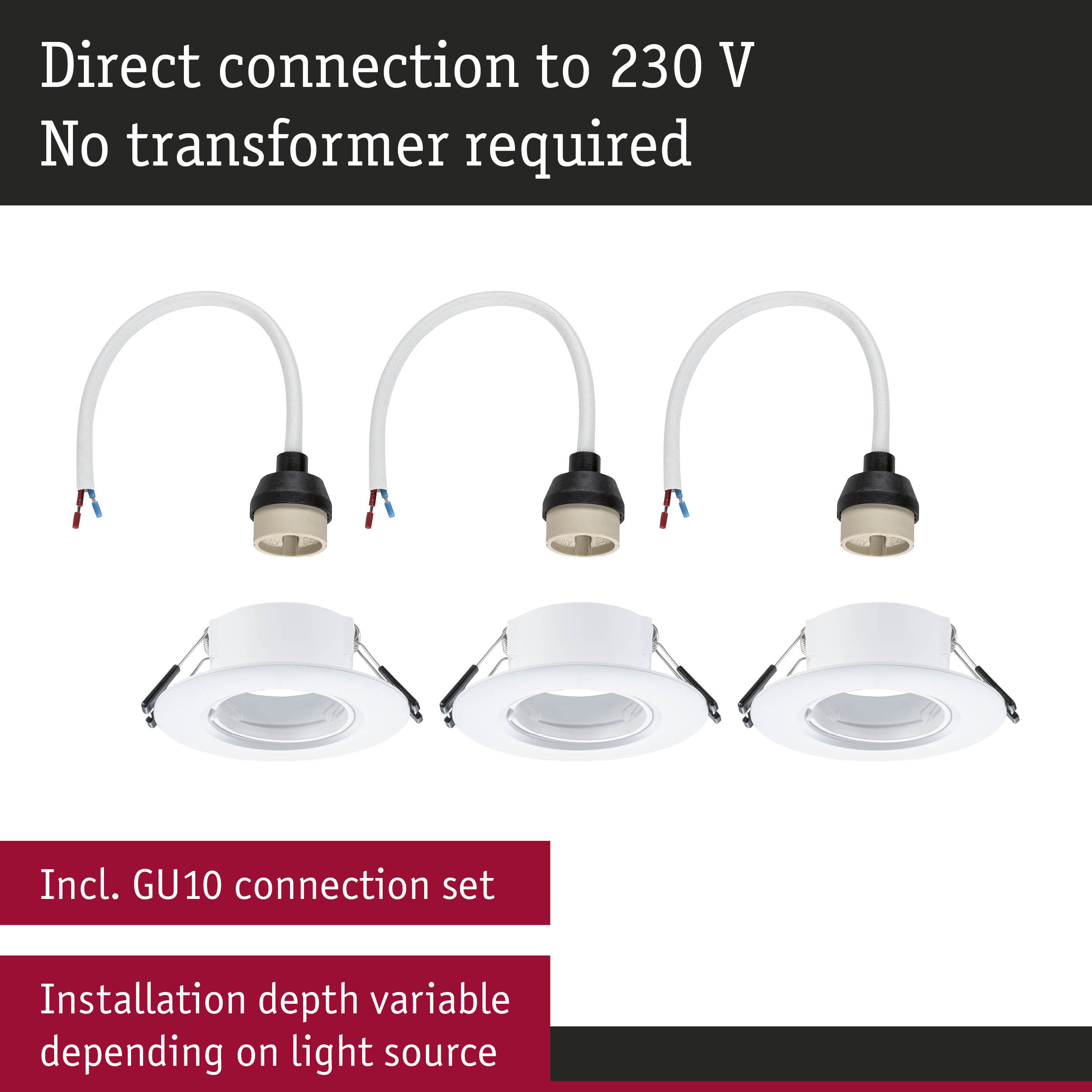 Three white recessed spotlights with GU10 connection cables for direct 230V connection without transformer