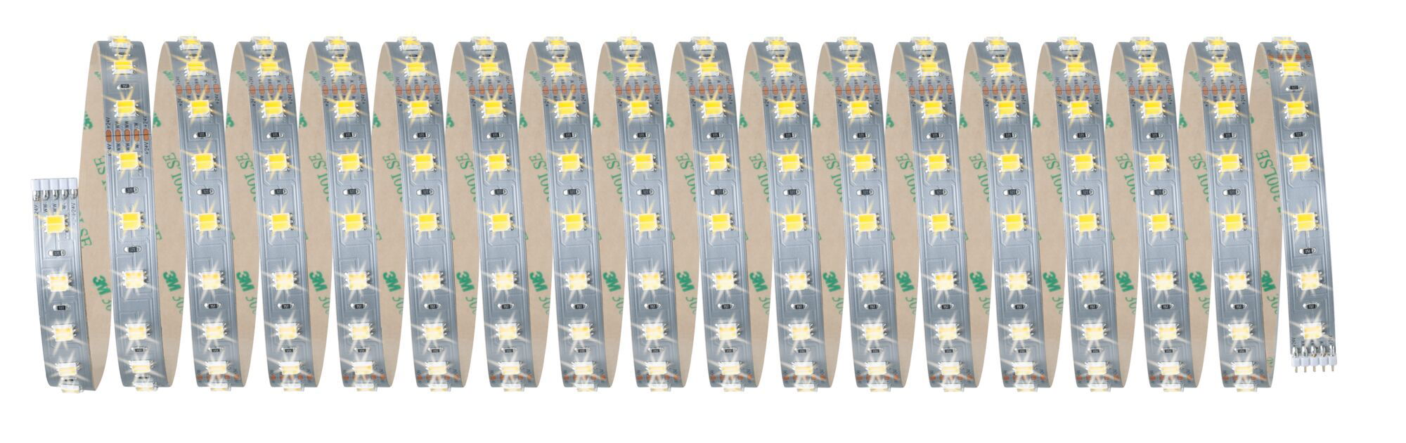 Flexible LED strip with warm white LEDs on silver circuit board for decorative lighting use