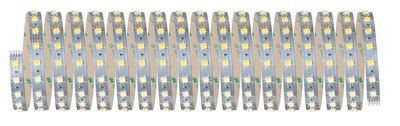 Flexible LED strip with warm white LEDs on silver circuit board for decorative lighting use
