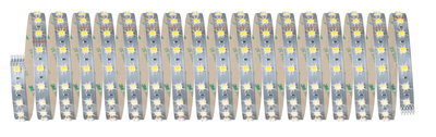 Flexible LED strip with warm white LEDs on silver circuit board for decorative lighting use