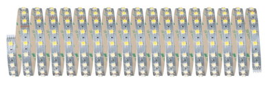 Flexible LED strip with yellow LEDs on silver circuit board for versatile lighting solutions.