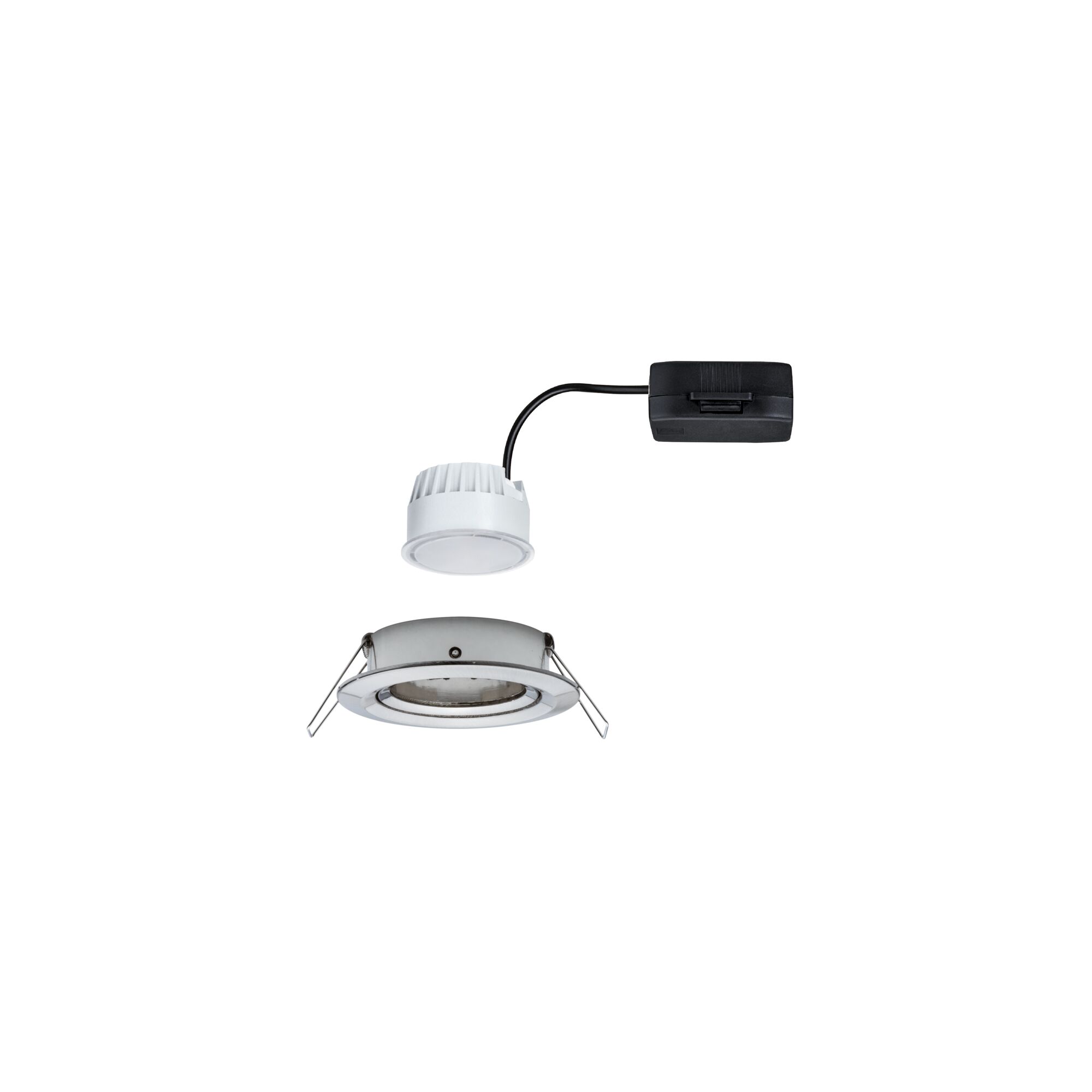 Witte LED-inbouwspot met metalen frame en zwarte aansluitkabel voor moderne verlichting