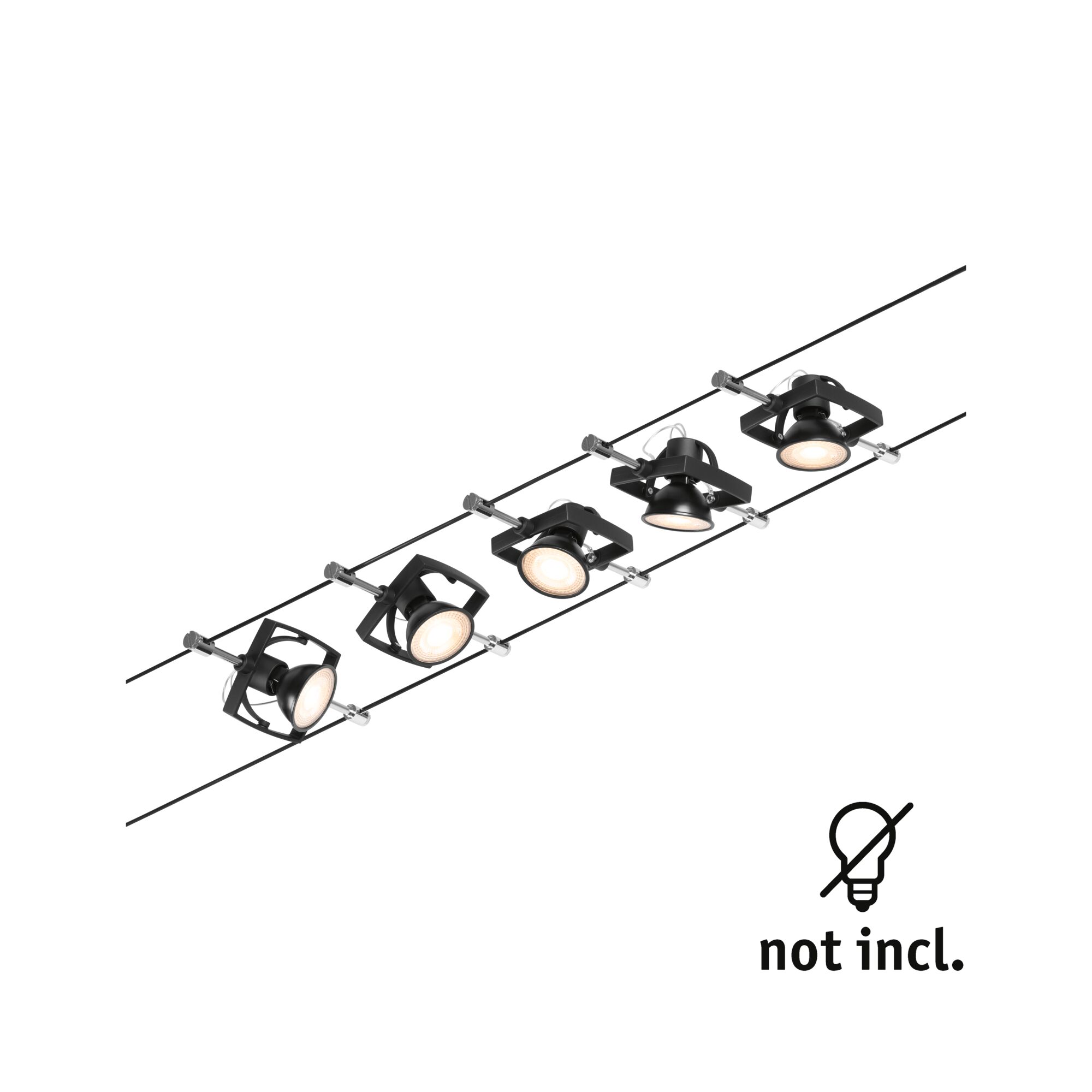 Black LED cable lighting system with five adjustable spotlights, modern indoor lighting without bulbs