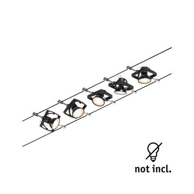 Black LED cable lighting system with five adjustable spotlights, modern indoor lighting without bulbs