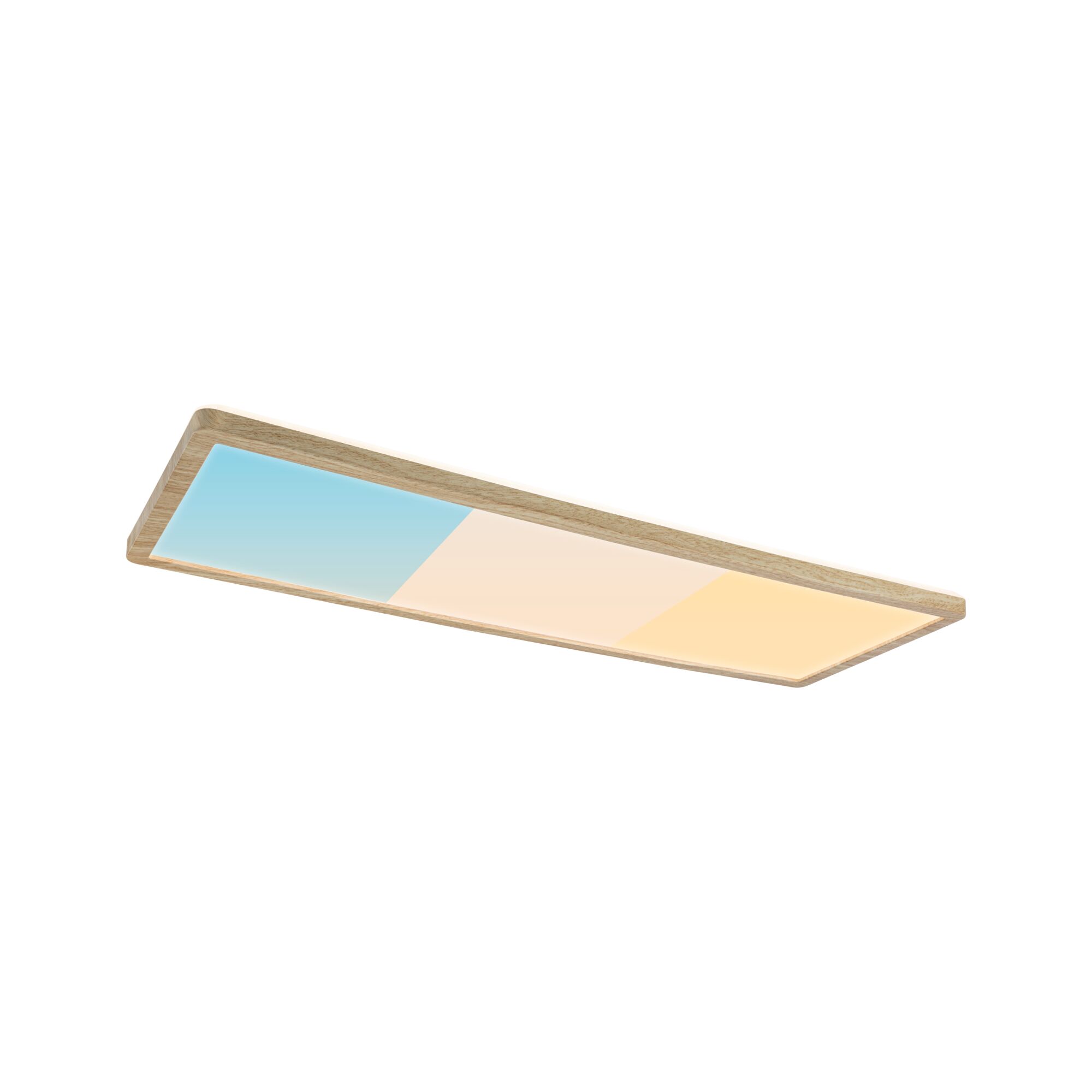 Rectangular ceiling light with wooden frame and adjustable color temperature from blue to warm white