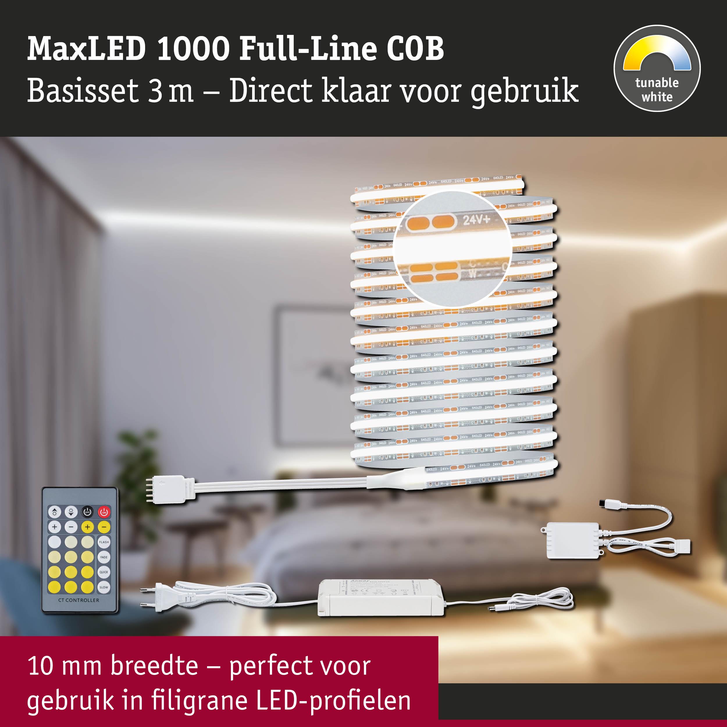 MaxLED 1000 Full-Line COB LED-strip set 3m met afstandsbediening, instelbaar wit licht, geschikt voor smalle LED-profielen