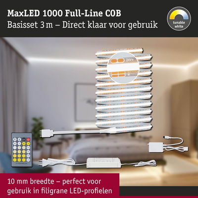 MaxLED 1000 Full-Line COB LED-strip set 3m met afstandsbediening, instelbaar wit licht, geschikt voor smalle LED-profielen