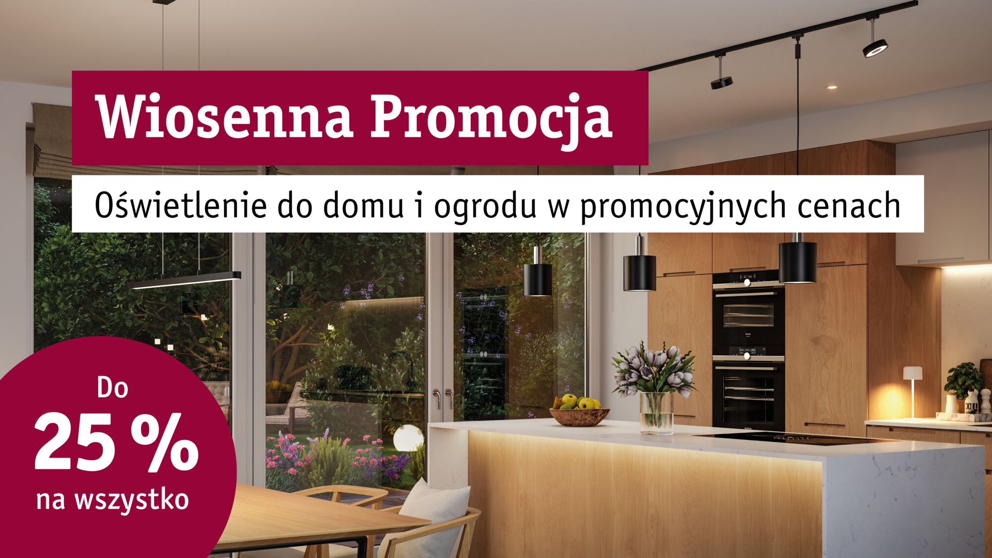 Modern kitchen with wood cabinets and black pendant lights, spring sale on home lighting products