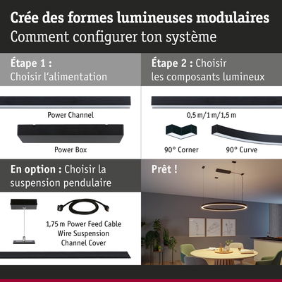 Système d'éclairage LED modulaire avec boîte d'alimentation, coins et courbes, suspension pour pièces à vivre