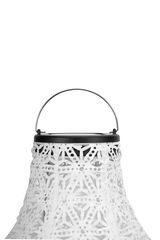 White metal lantern with intricate pattern and black handle for decorative lighting