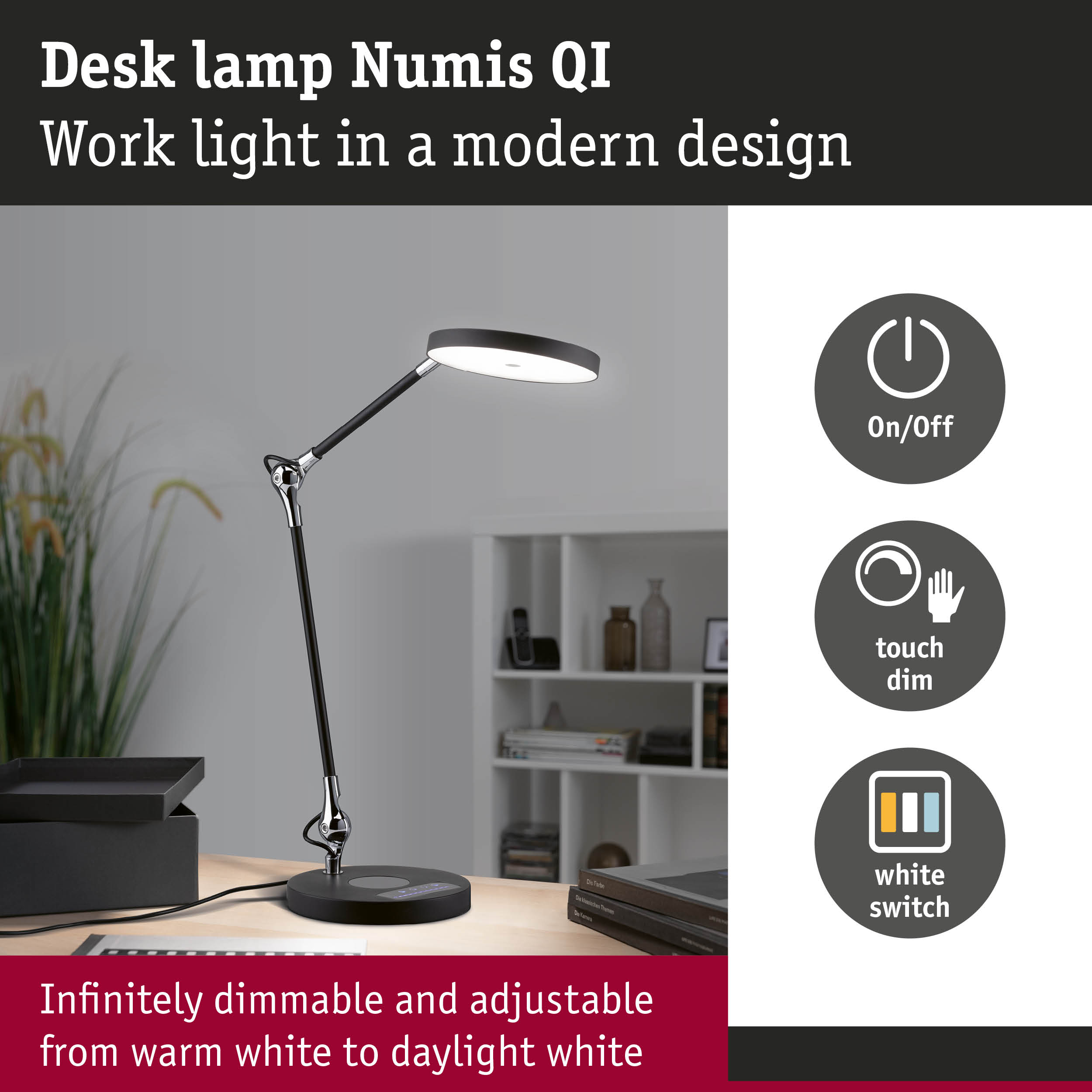 Modern black Numis QI desk lamp with touch dimmer and white light for office lighting
