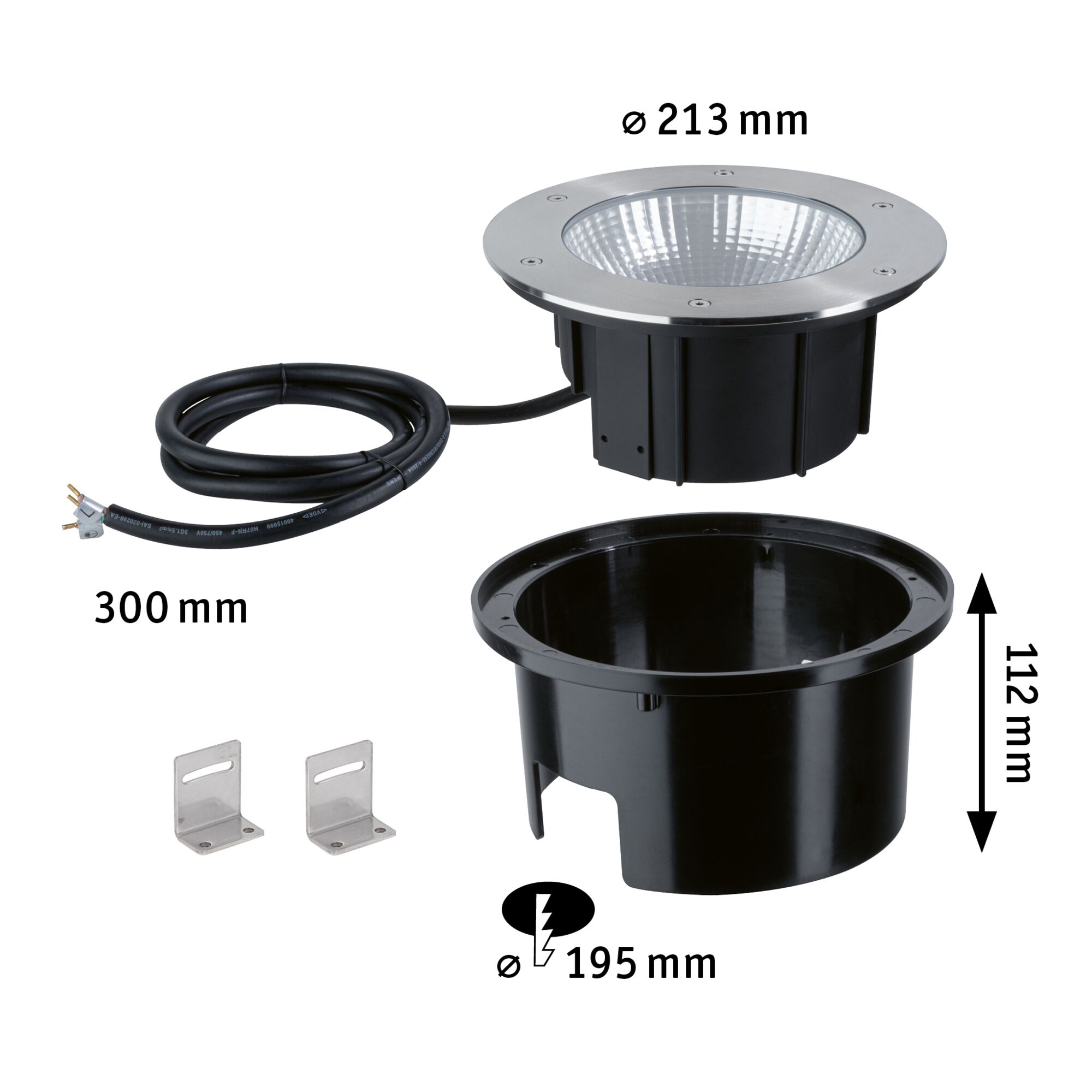 Erdspießstrahler mit Edelstahlrand und schwarzem Kunststoffgehäuse, Maße 213 mm Durchmesser, 112 mm Höhe.
