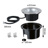 Erdspießstrahler mit Edelstahlrand und schwarzem Kunststoffgehäuse, Maße 213 mm Durchmesser, 112 mm Höhe.