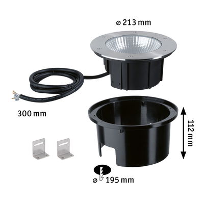 Erdspießstrahler mit Edelstahlrand und schwarzem Kunststoffgehäuse, Maße 213 mm Durchmesser, 112 mm Höhe.