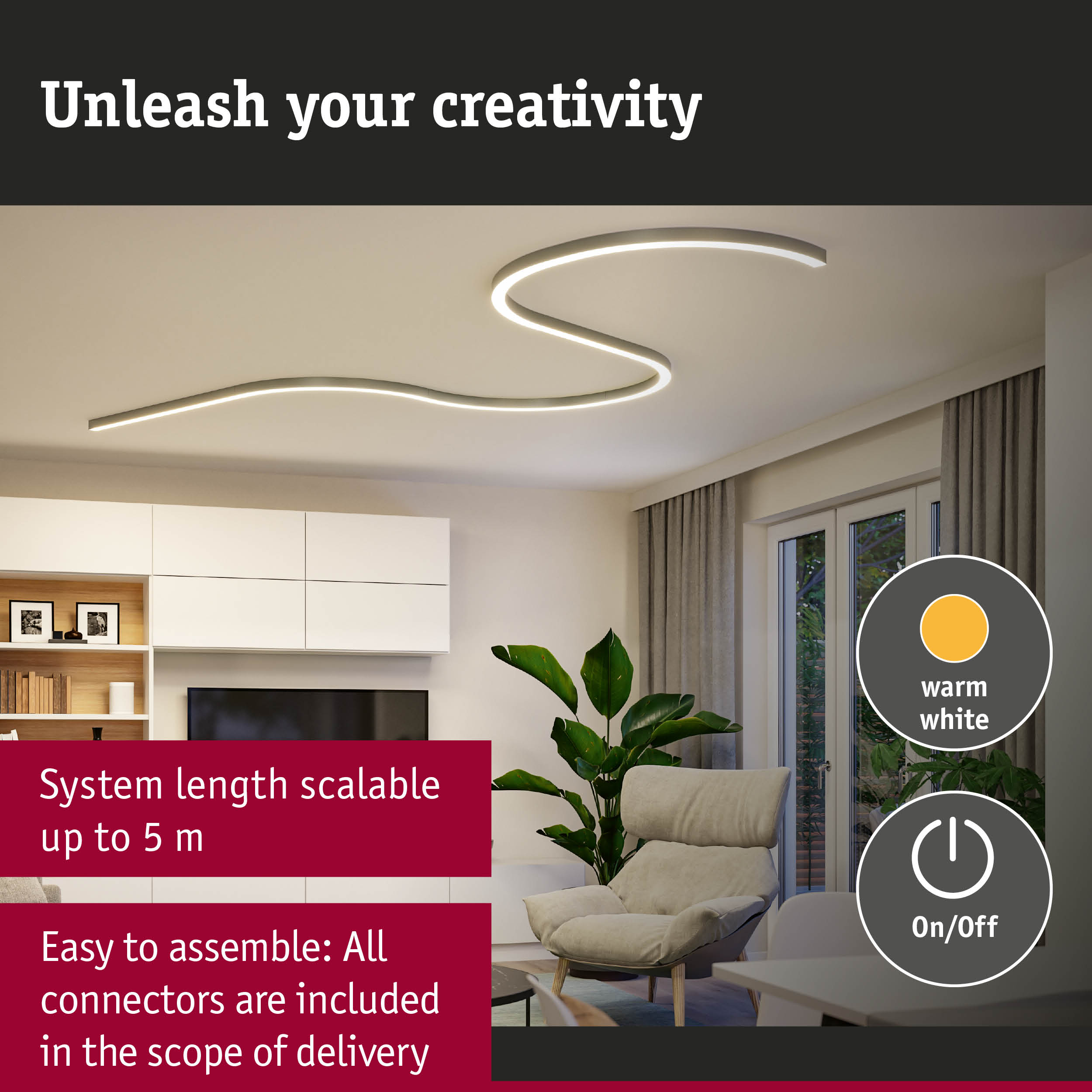 Modern warm white LED ceiling light with curved design for stylish living room lighting